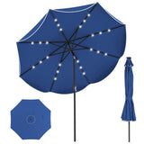 Blue patio umbrella with LED lights on a white background