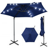 Blue patio umbrella with solar lights on a white background