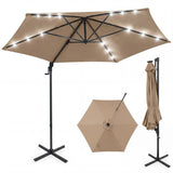 Beige patio umbrella with solar lights on a white background