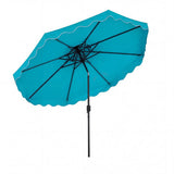 Blue patio umbrella with black frame on a white background