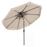 Beige patio umbrella with black frame on a white background