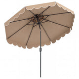 Beige patio umbrella with scalloped edge on a white background
