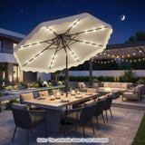 Outdoor patio setting with a large illuminated patio umbrella over a dining table at night.