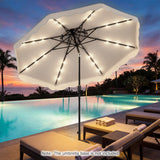 Large outdoor umbrella with LED lights over a pool at sunset, with lounge chairs and palm trees in the background.