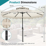 Beige patio umbrella with dimensions and fixing strap details on a blurred outdoor setting background.