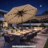 Beige patio umbrella with string lights over a dining table set on a patio at night.