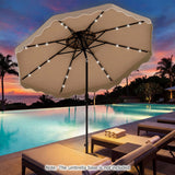 Beige patio umbrella with LED lights over a pool area during sunset.