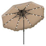 Beige patio umbrella with LED lights on a white background