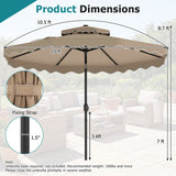 Beige patio umbrella with dimensions and fixing strap details on a white background