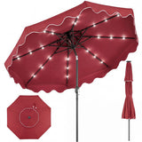 Red patio umbrella with LED lights on a white background