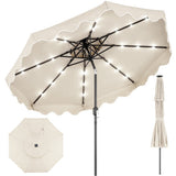 Beige patio umbrella with solar lights on a white background