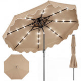 Beige patio umbrella with LED lights on a white background