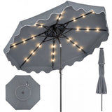 Gray patio umbrella with string lights on a white background