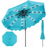 Turquoise patio umbrella with LED lights on a white background