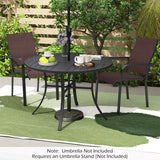 Outdoor patio set with table and chairs on a green mat, umbrella stand not included.