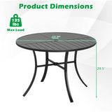 Round outdoor table with dimensions and weight capacity displayed