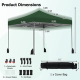 Measurement chart of a canopy tent with dimensions and included accessories on a white background.