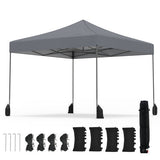 Gray outdoor canopy tent with black stakes on a white background