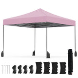 Pink canopy tent with black ground stakes on a white background