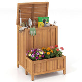 Wooden garden storage bench with tools and flowers on a white background