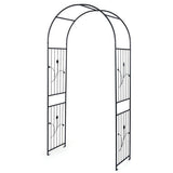Black metal garden arch with decorative patterns on a white background