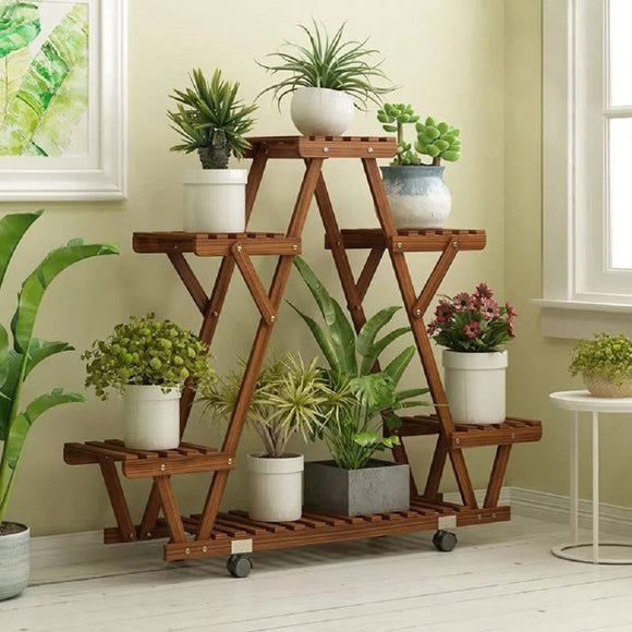 Indoor Outdoor Solid Wood Triangular Multi-Tier Plant Stand with Locking Wheels - FREE SHIPPING
