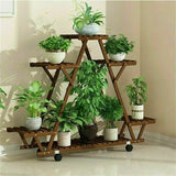 Indoor Outdoor Solid Wood Triangular Multi-Tier Plant Stand with Locking Wheels - FREE SHIPPING