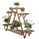Indoor Outdoor Solid Wood Triangular Multi-Tier Plant Stand with Locking Wheels - FREE SHIPPING