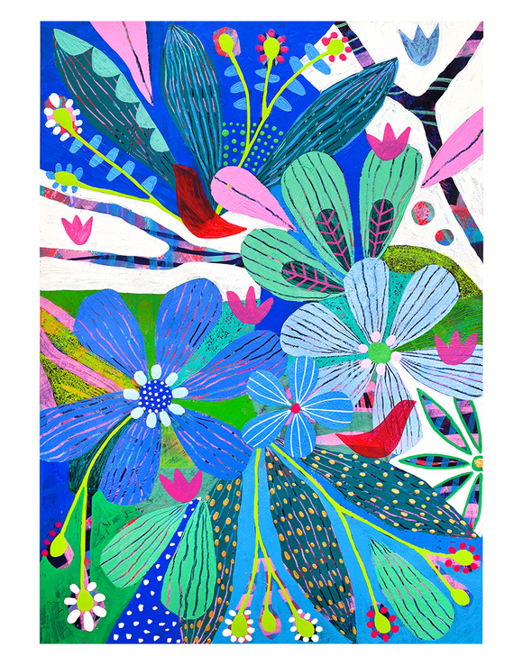 Colorful floral and bird illustration on a white background NIGHTINGALE PRINT