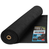 Roll of black geotextile fabric with a product label on a white background