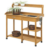 Wooden potting bench with shelves, plants, and gardening tools on a white background