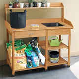 Wooden gardening station with shelves, sink, and gardening supplies against a neutral wall.