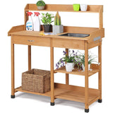 Wooden potting bench with sink, plants, and cleaning supplies on a white background