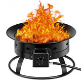 Black portable fire pit with flames on a white background