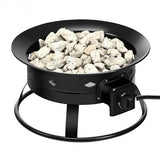 Black portable fire pit with white stones on a white background
