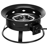 Black portable stove with a circular design on a white background