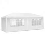 White outdoor canopy tent with windowed sides on a white background