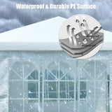 Waterproof and durable PE surface with raindrops on a transparent material, featuring text and a graphic of wind, rain, and sun.