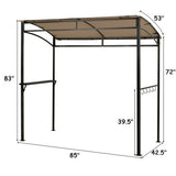 Measurement chart of a metal canopy structure with dimensions labeled.