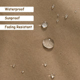 Textured brown fabric with water droplets demonstrating waterproof, sunproof, and fading resistant properties.