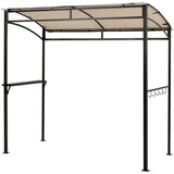 Outdoor canopy with beige roof and black metal frame on a white background