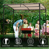 Family gathered around a grill under a pergola with icons and text highlighting features.