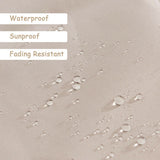 Textured fabric with water droplets labeled as waterproof, sunproof, and fading resistant.