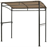 Outdoor gazebo with brown canopy and black metal frame on a white background