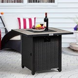 Outdoor 30 Inch Square Propane Gas Fire Pit Table Ceramic Tabletop with a bottle of wine, fruit, and a bowl on a patio setting.
