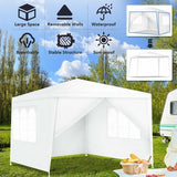 White outdoor canopy tent with features listed on a blue sky background