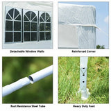 Collage of a white tent with features highlighted: detachable window walls, reinforced corner, rust resistance steel tube, and heavy duty foot.