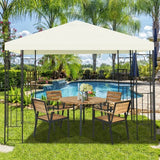 Outdoor dining set with canopy near a pool in a garden setting