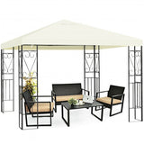 Outdoor gazebo with seating area and table on a white background