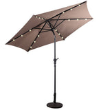Brown patio umbrella with LED lights on a white background
